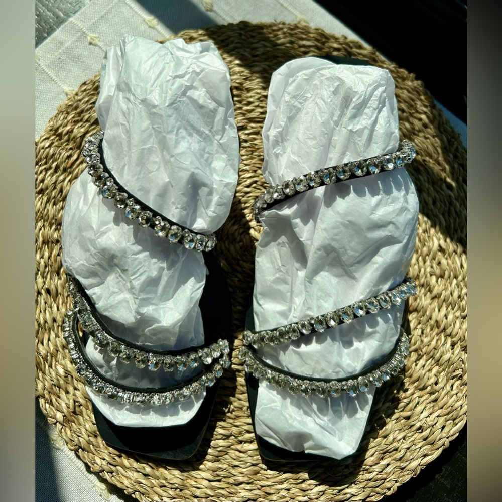 INC Black Crystal Strap Sandals